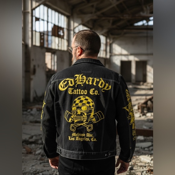 Ed Hardy Other - Ed Hardy Black Jacket with Vibrant Yellow Tattoo Inspired Skull Design NWT